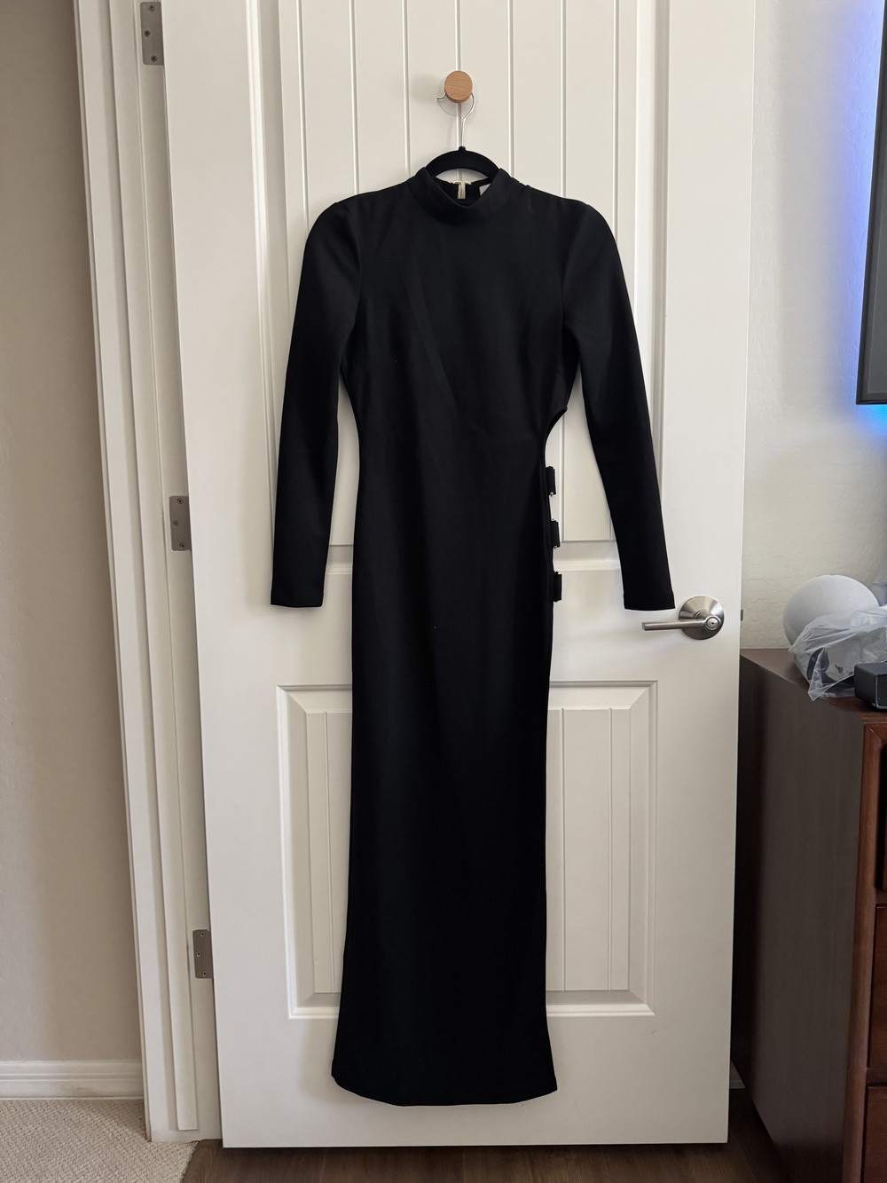 Meshki Black Long Sleeve Maxi Dress with Side Buckle Detail